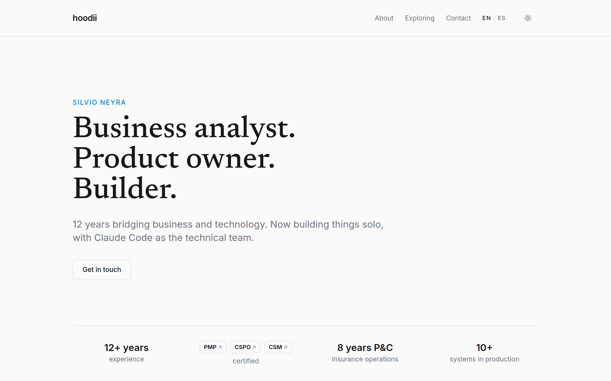 hoodii.studio home hero: Business analyst, Product owner, Builder
