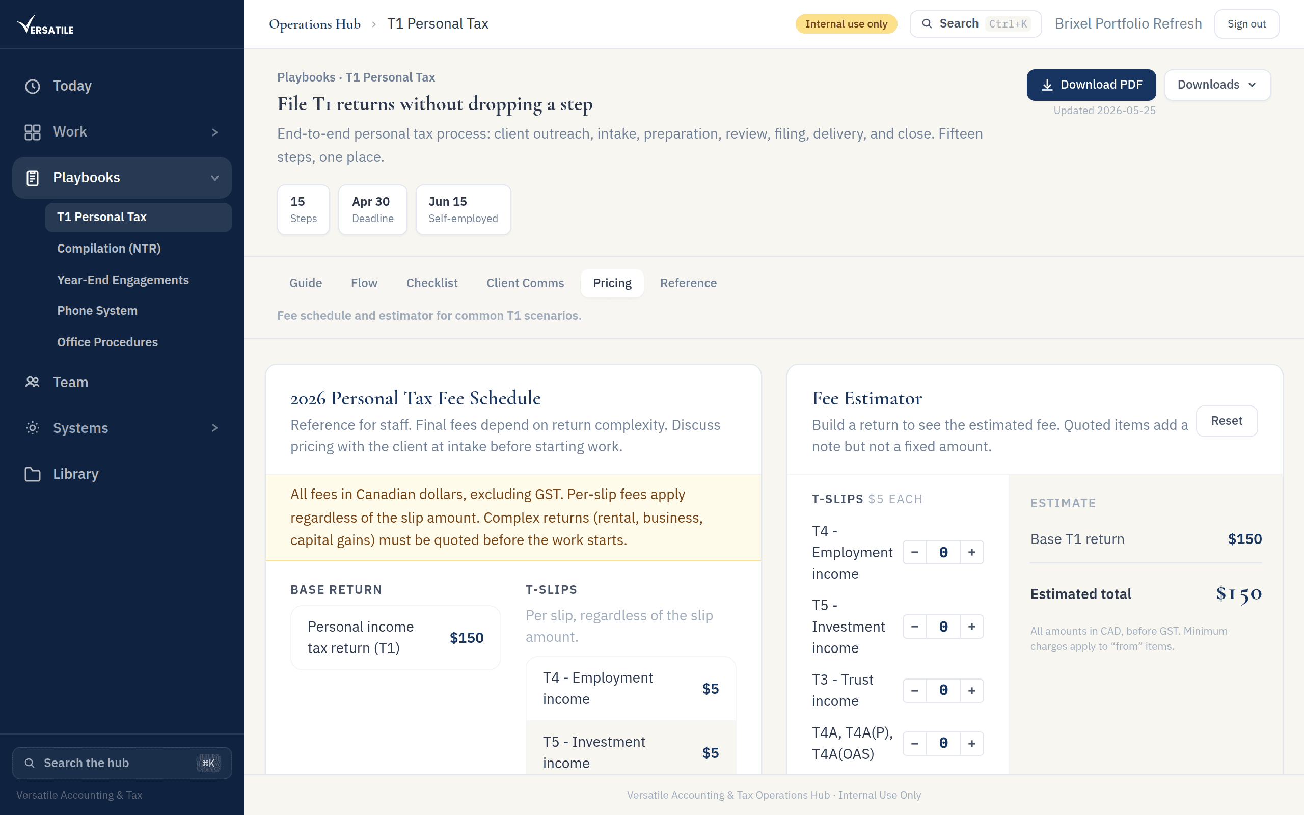 Internal hub view showing per-client tier pricing logic