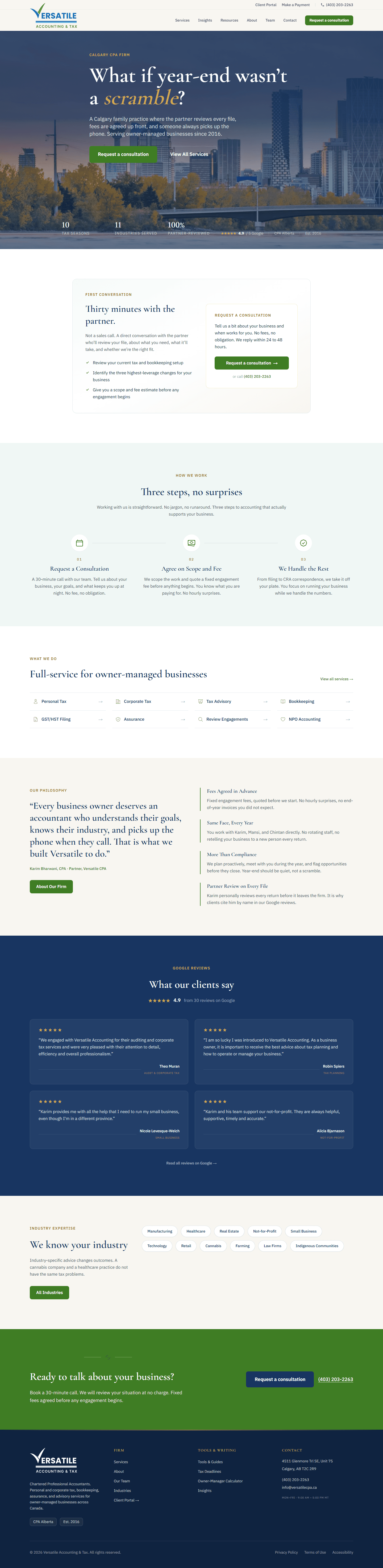 Versatile CPA homepage hero, headline reads What if year-end was not a scramble?